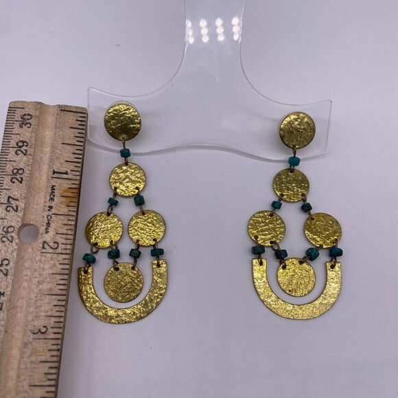 Hammered Disc Dangle Drop Blue Bead Earrings Gold Tone - Picture 4 of 4